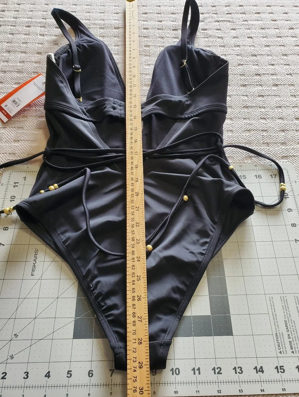 NWT Sofia by Sofia Vergara Black Plunge One Piece Swimsuit Belted